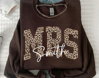 Custom Cheetah Print Mrs Sweatshirt, Personalized Last Name Crewneck Hoodie, Bride To Be Engagement Gift, Future Mrs Gift, Leopard Wifey Tee