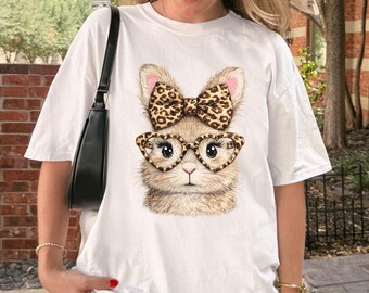 Comfort Colors Retro Happy Easter Bunny Shirt, Cheetah Print Bow, Coquette Leopard Bunny T-Shirt, Spring Women Tee, Trendy Easter Day Gifts