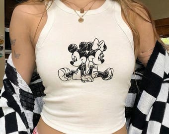 Disney Mickey Minnie Sketch Rib Racer Tank, Disneyworld Matching Crop Top, Disney Women’s Tank Top, Simple Mouse Baby Tee, Disneyworld Y2K
