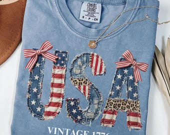 4th of July Comfort Colors® Shirt, FAUX Patchwork USA Shirt, Retro American Shirt, Patriotic Shirt, Patriotism shirt, Fourth of July Shirt