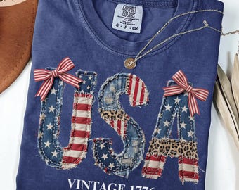 Comfort Colors® 4th of July Shirt, FAUX Patchwork USA Shirt, Retro American Shirt, Patriotic Shirt, Fourth of July Shirt, Patriotism shirt