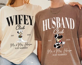Custom Disney Husband and Wifey Shirt, Wedding Anniversary Mr & Mrs Club Shirt, Mickey Minnie Just Married Matching Shirts, Bride Tees