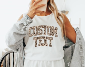 Custom Cheetah Print Tank Top, Add Your Personalized Text, Leopard Print Varsity Tank Top, College Font Custom Name Gift, Custom Text Tee