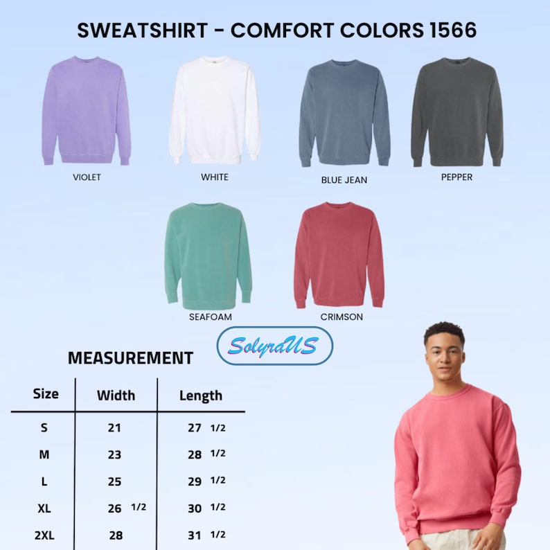 Puede incluir: Una exhibici&oacute;n de sudaderas Comfort Colors 1566 en varios colores, incluyendo violeta, blanco, azul vaquero, pimienta, verde mar y carmes&iacute;. La imagen tambi&eacute;n muestra una tabla de tallas con medidas en cm y una persona vistiendo una sudadera carmes&iacute;.