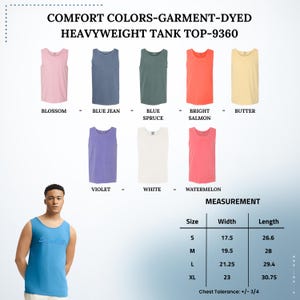Puede incluir: Una selecci&oacute;n de camisetas sin mangas de peso pesado en varios colores, incluyendo rosa, azul, verde, naranja y amarillo. La imagen tambi&eacute;n muestra una tabla de tallas con medidas en pulgadas. El texto en la imagen dice "COMFORT COLORS-GARMENT-DYED HEAVYWEIGHT TANK TOP-9360."