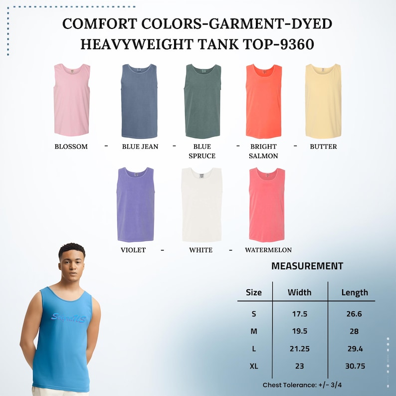Puede incluir: Una selecci&oacute;n de camisetas sin mangas de peso pesado en varios colores, incluyendo rosa, azul, verde, naranja y amarillo. La imagen tambi&eacute;n muestra una tabla de tallas con medidas en pulgadas. El texto en la imagen dice "COMFORT COLORS-GARMENT-DYED HEAVYWEIGHT TANK TOP-9360."
