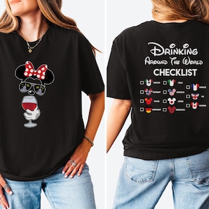Mickey Beer Minnie Wine Front and Back, Epcot Drinking Around The World Shirt, Disney Couple Shirts, Drinking Around The World Checklist Tee
