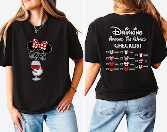 Mickey Beer Minnie Wine Front and Back, Epcot Drinking Around The World Shirt, Disney Couple Shirts, Drinking Around The World Checklist Tee