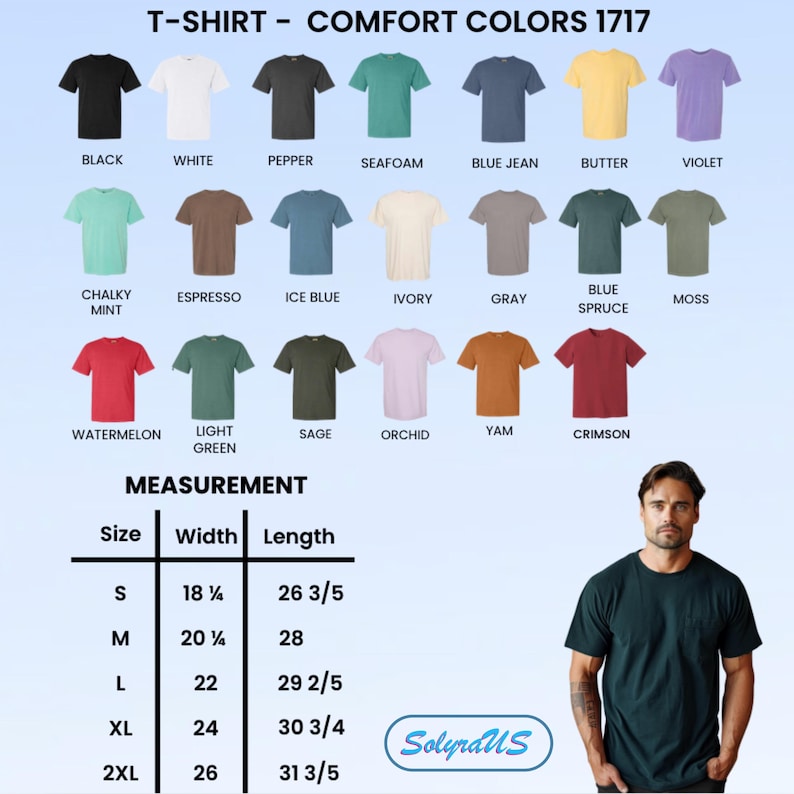 Puede incluir: Una exhibici&oacute;n de camisetas en varios colores, incluyendo negro, blanco y azul. La imagen incluye una tabla de tallas con medidas en pulgadas y un hombre con una camiseta verde oscuro.