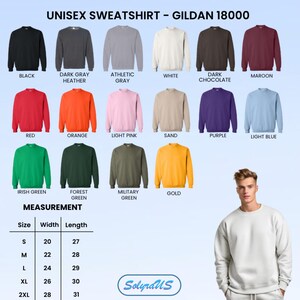 May include: A product image showcasing a variety of Gildan 18000 unisex sweatshirts in various colors, including black, gray, white, red, orange, and green. The image also includes a measurement chart with sizes ranging from S to 2XL, with widths from 20 to 28 inches and lengths from 27 to 31 inches.