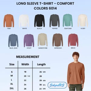 Puede incluir: Exhibici&oacute;n de camisetas de manga larga en varios colores, incluyendo blanco, negro y azul vaquero. La imagen incluye una tabla de tallas con medidas en cm y el texto "LONG SLEEVE T-SHIRT - COMFORT COLORS 6014".