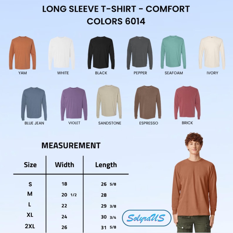 Puede incluir: Exhibici&oacute;n de camisetas de manga larga en varios colores, incluyendo blanco, negro y azul vaquero. La imagen incluye una tabla de tallas con medidas en cm y el texto "LONG SLEEVE T-SHIRT - COMFORT COLORS 6014".