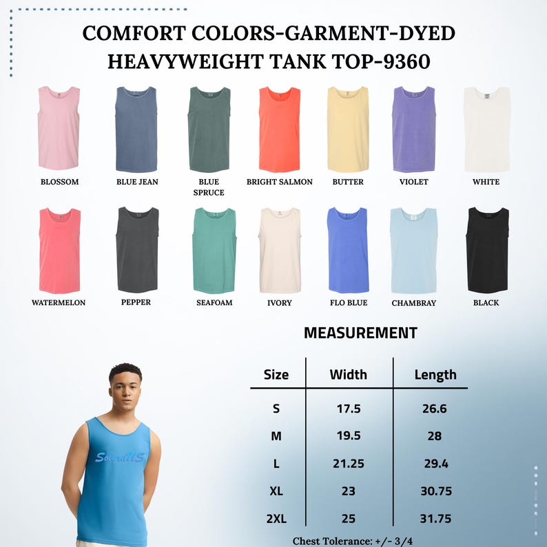 May include: A display of Comfort Colors garment-dyed heavyweight tank tops in various colors, including Blossom, Blue Jean, and Black. The image includes a size chart with measurements in inches and a person wearing a blue tank top.