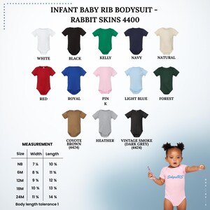 May include: A selection of infant baby rib bodysuits in various colors, including white, black, and red. The image displays the Rabbit Skins 4400 collection, with size and measurement details. A baby is wearing a pink bodysuit.