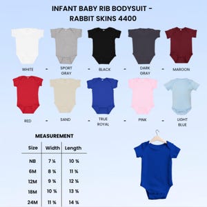 May include: A variety of infant baby rib bodysuits in various colors, including white, gray, black, red, and blue. The image also displays a size chart with measurements in inches for width and length. The text reads "INFANT BABY RIB BODYSUIT - RABBIT SKINS 4400".