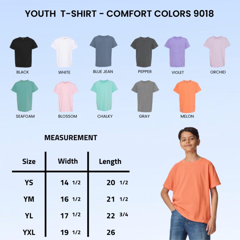 Puede incluir: Se muestra una camiseta juvenil de color mel&oacute;n. La imagen muestra varios colores de camisetas: negro, blanco, azul vaquero, pimienta, violeta, orqu&iacute;dea, espuma de mar, flor, tiza y gris. Tabla de medidas.