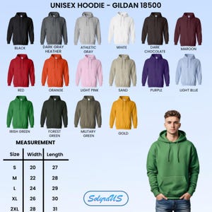 May include: A product display featuring a variety of unisex hoodies in various colors, including black, gray, white, red, and green. The image also includes a size chart with measurements in inches and the brand name SolyraUS.