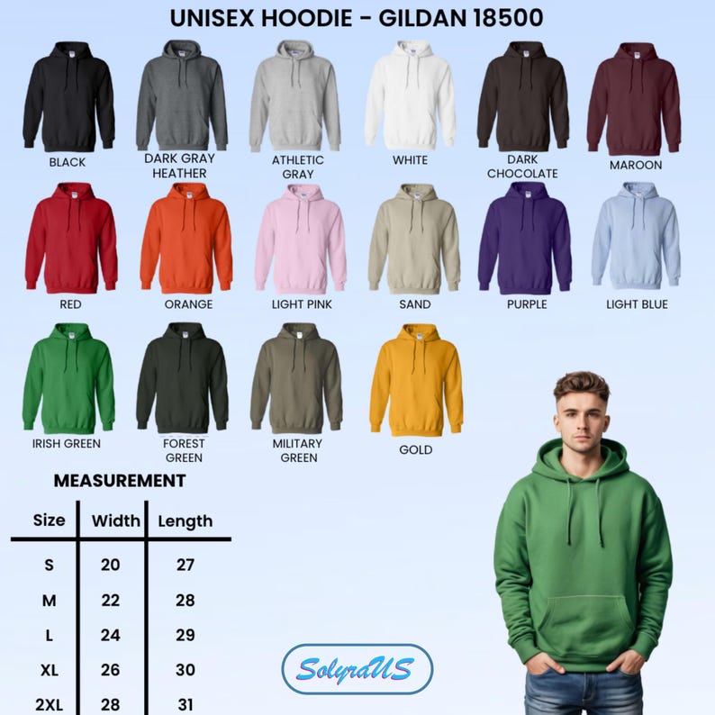 May include: A product display featuring a variety of unisex hoodies in various colors, including black, gray, white, red, and green. The image also includes a size chart with measurements in inches and the brand name SolyraUS.