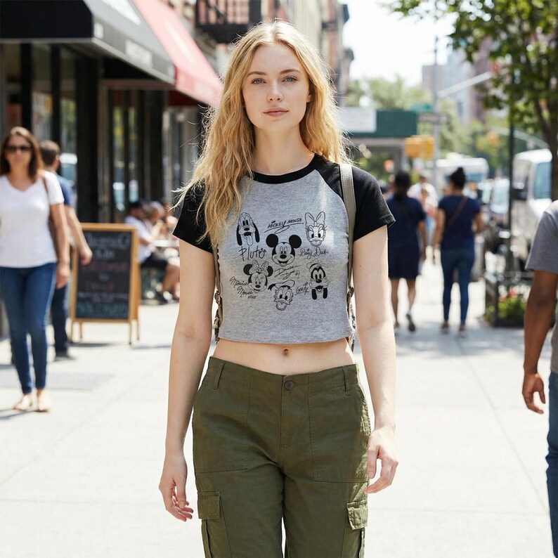 May include: A gray crop top with black sleeves featuring Disney characters Pluto, Mickey Mouse, Daisy Duck, and others. The shirt is paired with olive green cargo pants. The image is taken outdoors on a sunny day.