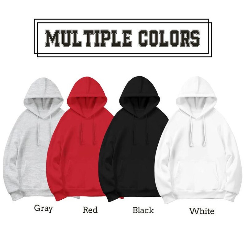 Puede incluir: Cuatro sudaderas con capucha en gris, rojo, negro y blanco, cada una con un bolsillo canguro frontal y cordones a juego. El texto MULTIPLE COLORS aparece en la parte superior, con las etiquetas Gray, Red, Black y White debajo de cada prenda.