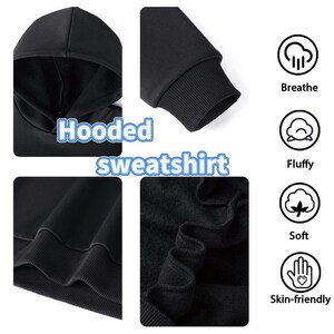 Puede incluir: Una sudadera con capucha negra que presenta una capucha, pu&ntilde;os acanalados y un dobladillo acanalado. La imagen incluye el texto "Hooded sweatshirt" y cuatro iconos circulares etiquetados como "Breathe", "Fluffy", "Soft" y "Skin-friendly".