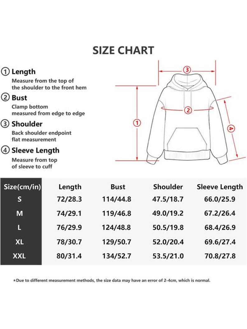 Puede incluir: Una tabla de tallas para una sudadera con capucha que muestra un dibujo lineal de la prenda con indicadores de medida numerados para largo, busto, hombro y largo de manga. Una tabla proporciona dimensiones espec&iacute;ficas en cm y pulgadas para tallas S a XXL.