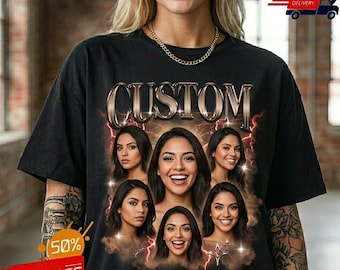 Camiseta personalizada estilo bootleg para novia / Estilo vintage de los 90 / Collage de fotos personalizado / Camiseta negra