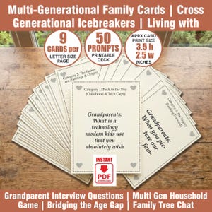 May include: A deck of off-white rectangular cards with black text and small grey heart icons at the corners. The cards feature prompts like Category 1: Back in the Day, Childhood & Tech Gaps, and Grandparents: What is a technology modern kids use.