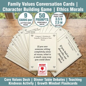 May include: A deck of 50 printable family values conversation cards with 9 cards per letter size page. Each card measures 3.5 inches high by 2.5 inches wide. The cards feature prompts about ethics, morals, kindness, empathy, and core family values.