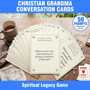 May include: A deck of conversation cards titled "Christian Grandma Conversation Cards" with 50 prompts. The cards are cream-colored with heart accents and feature questions about faith and childhood. A mug with "Blessed" is visible.