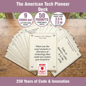 May include: The American Tech Pioneer Deck is a set of 50 printable prompt cards. Each card measures 8.89 cm high by 6.35 cm wide. The cards feature text categories and questions about technology history, with 9 cards per A4 size page.