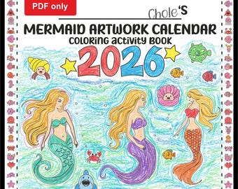 Mermaid Coloring Book Pages Calendar 2026 Little Girls Fun Artwork Activities, Digital Printable