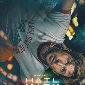 May include: A white ringer t-shirt with red trim featuring a graphic of two checkered flags and the text Horse Shoe Bend. The shirt is worn by a person with light brown hair and blue eyes. The text Project Hail Mary is printed at the bottom.