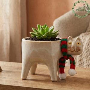 May include: A cream-colored ceramic cat planter with a green succulent plant. The cat-shaped planter has a red, green, and white scarf and yellow eyes. The planter is on a wooden surface.