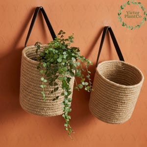 Peut inclure: Deux paniers suspendus en osier avec des lanières en cuir noir contre un mur orange. Un panier contient une plante verte à feuilles. Les paniers sont en fibre naturelle et de forme cylindrique. Le logo "Victor PlantCo" est en haut à droite.