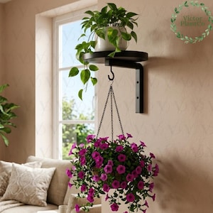 Puede incluir: Una estantería de metal negro para plantas con una cesta colgante. La estantería sostiene una maceta blanca con una planta verde. Una cesta colgante con vibrantes flores moradas está suspendida debajo. La pared es de color beige claro.