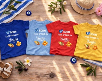 Camiseta colorida y divertida para bebé griego: "Nacido para ser consentido por Yiayia", regalo para abuela griega.