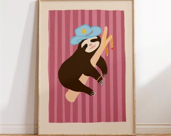 Funny Sloth Cowboy Wall Art | Playful Animal Illustration Poster