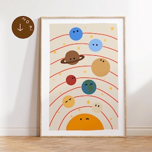 Puede incluir: Un estampado enmarcado con una ilustración caprichosa del sistema solar. Los planetas se representan como círculos coloridos con caras, dispuestos a lo largo de líneas orbitales rojas. El sol está en la parte inferior, y hay estrellas dispersas.