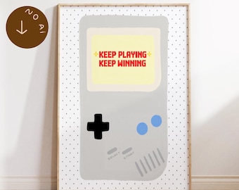 Kids Gaming Poster Printable, Retro Gamer Wall Art, Keep Playing Keep Winning, Boys Room Decor, Pixel Art