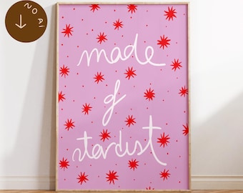 Kids Wall Art Printable "Made of Stardust" Poster, Retro Nursery Decor, Aesthetic Children Print, Minimalist Pink Star Art, Digital Download