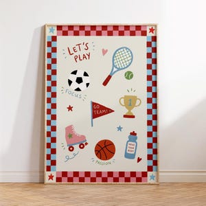 Retro sportposter för barnrum | Väggkonsttryck med lekrum | Handritad sportdekor | Barnrumsaffisch med tennis, basket och fotboll