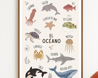 Montessori Ocean Animals Watercolor Poster | Educational Print for Kids | Printable in Spanish | Montessori Decor