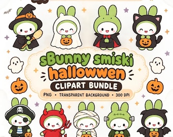 Spooky Halloween Smiski Bunny Clipart Bundle, Kawaii Rabbit PNG (Digital Download)