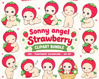 Cute Strawberry Baby Clipart Bundle, Kawaii sonny angel Strawberry PNG, Fruits Baby Clip Art, Cute Baby PNG, Strawberry Digital Download