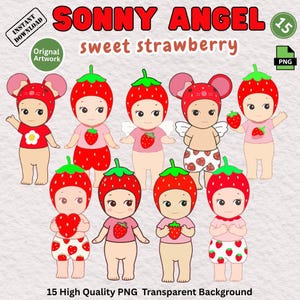 May include: Digital illustration of multiple Sonny Angel figures in strawberry costumes. The figures have red strawberry hats and outfits, some holding strawberries or hearts. Text includes "SONNY ANGEL" and "sweet strawberry".