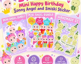 Mini Happy Birthday Sonny Angel and Smiski Sticker Bundles | Kawaii Planner Journaling Deco Pack, Birthday Party Stickers, Digital Download