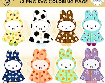 Bunny SVG PNG Bundle, coloring page Kawaii Clipart Rain coat ,stickers (Digital Download)
