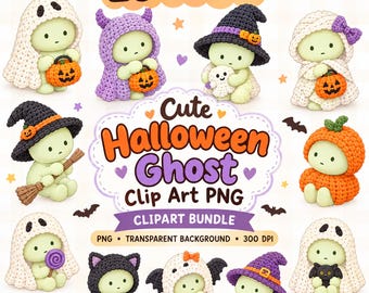 Halloween Ghost Clip Art PNG, Smiski Pastel Kawaii Alien Clipart, Cozy Crocheted Monster Graphics, Spooky Fall Sublimation Bundle