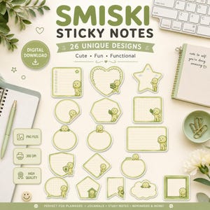 Puede incluir: Un conjunto de notas adhesivas digitales Smiski con 26 diseños únicos. La colección incluye varias formas como corazones, estrellas y rectángulos, cada una decorada con un pequeño personaje verde y papel rayado o cuadriculado para notas.